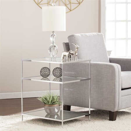 Homeroots 27 in. Glass & Iron Rectangular Mirrored End Table with Shelf Chrome 402481